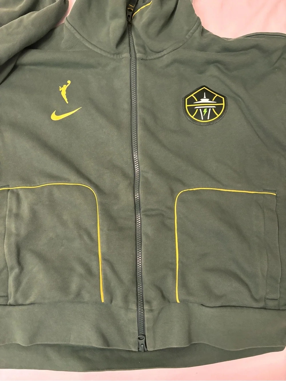 Nike Women's Seattle Storm Dark Green Hooded Varsity Jacket with Yellow Trim